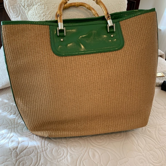 Talbots Handbags - Chic Talbots Green and Tan Tote Bag with Bamboo Handles